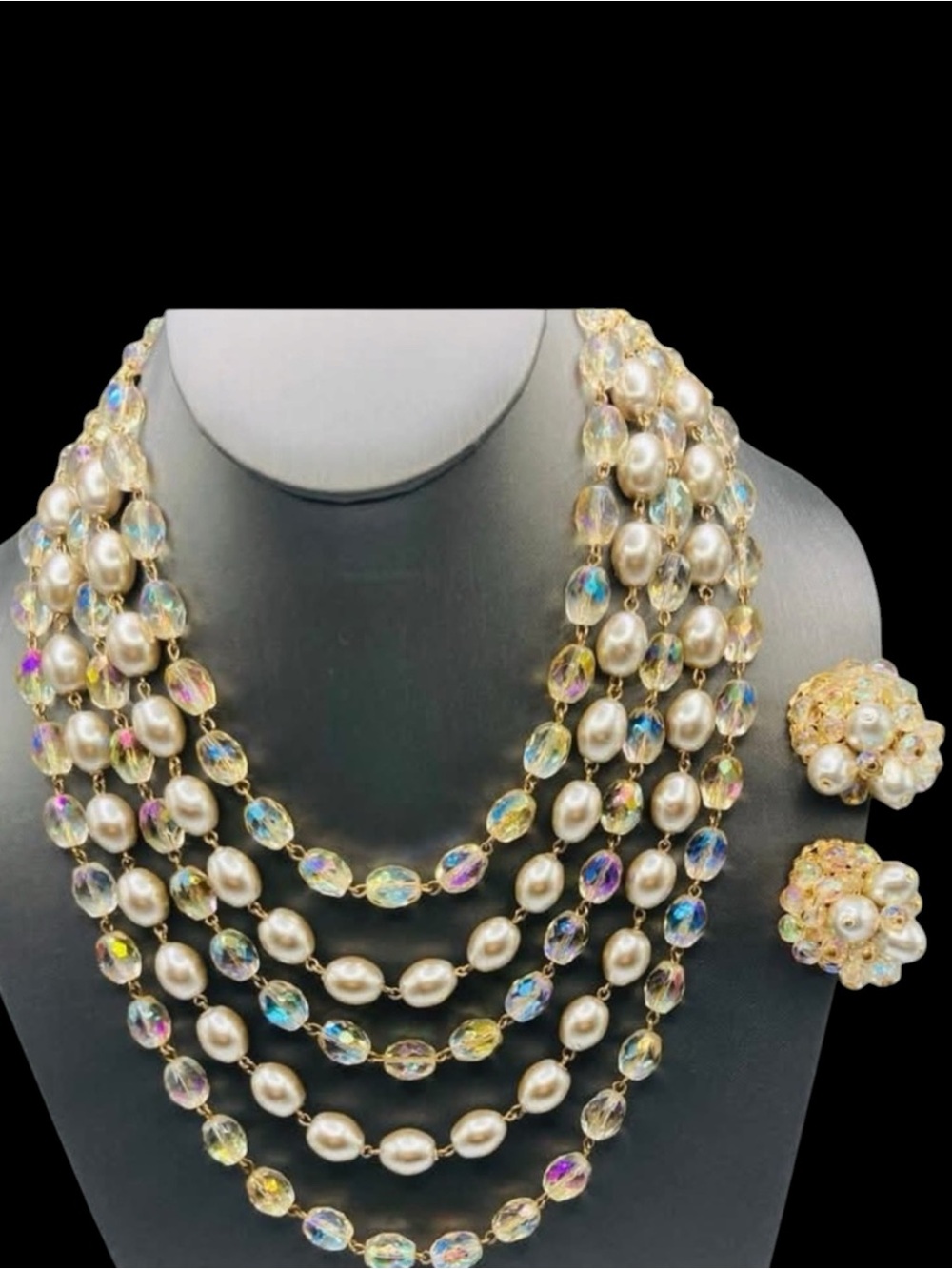 Vintage Five Strand Bib Necklace & Earring AB Glass Bead Faux Pearl Set